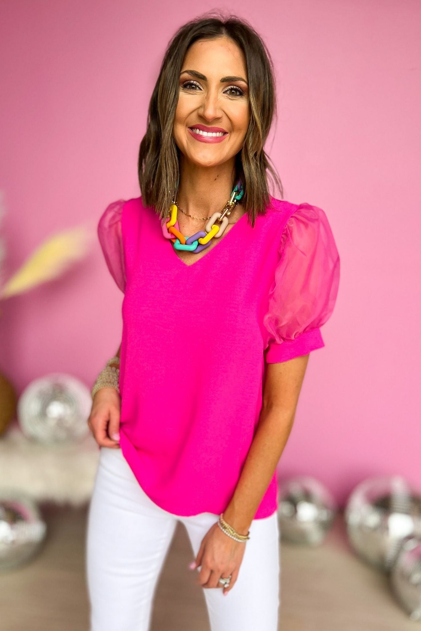 Hot Pink V Neck Organza Short Puff Sleeve Top, puff sleeve, v neck detail, organza, mom style, spring fashion, shop style your senses by mallory fitzsimmons