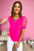 Hot Pink V Neck Organza Short Puff Sleeve Top, puff sleeve, v neck detail, organza, mom style, spring fashion, shop style your senses by mallory fitzsimmons