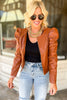 Brown Faux Leather Puff Sleeve Bomber Jacket