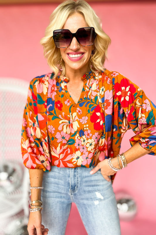 Camel Floral V Neck Bubble Sleeve Top, floral statement top, work wear, mom style, fall transition piece, shop style your senses by mallory fitzsimmons