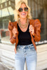 Brown Faux Leather Puff Sleeve Bomber Jacket