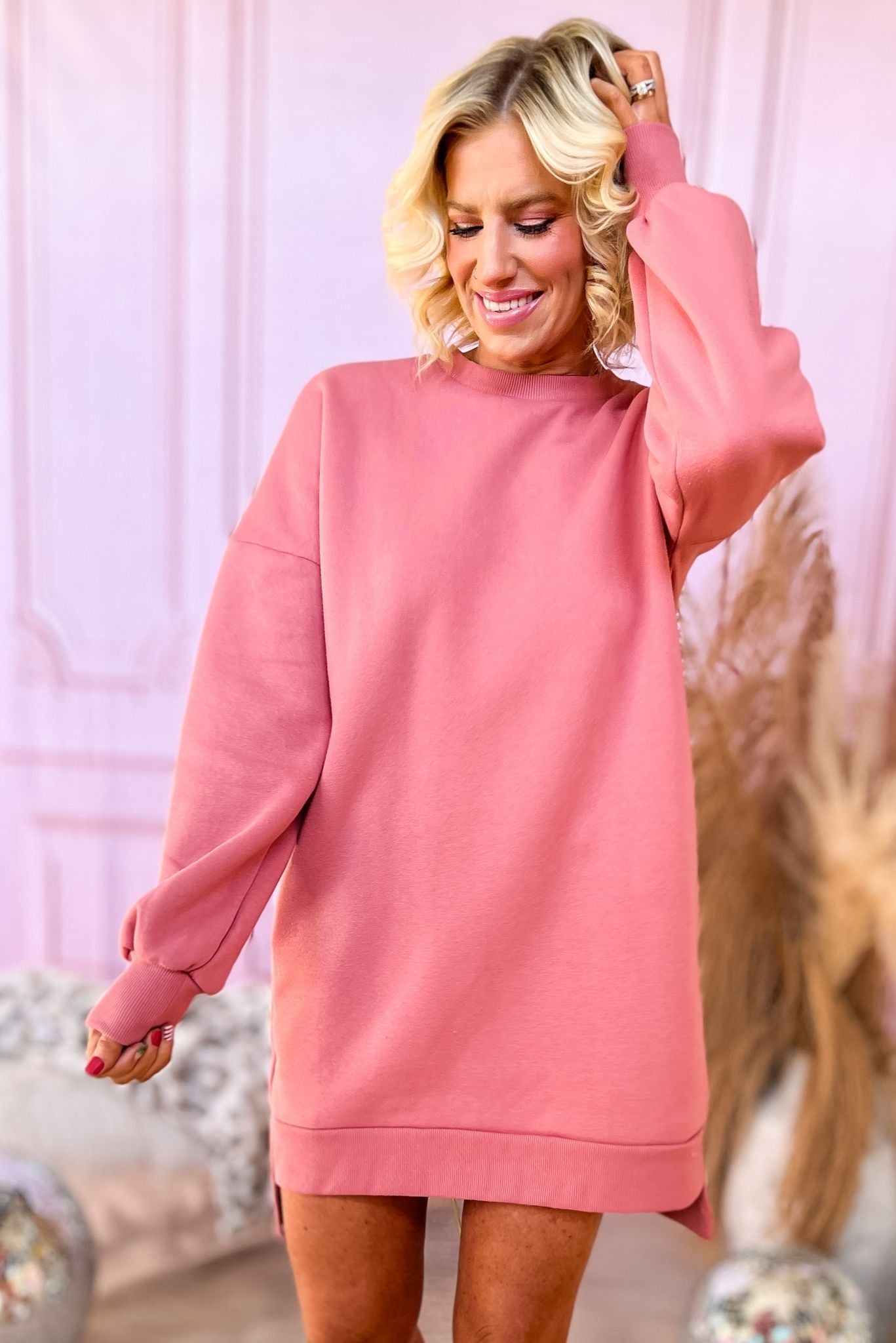 Pink Round Neck Longline Hi Low Sweatshirt Dress, cozy collection, everyday wear, lounge wear, mom style, must have, shop style your senses by mallory fitzsimmons