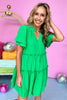 Kelly Green Tie Neck Layered Short Sleeve Tiered Dress