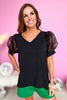 Black V Neck Organza Short Puff Sleeve Top, puff sleeve, v neck detail, organza, mom style, spring fashion, shop style your senses by mallory fitzsimmons