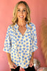 Cream Blue Polka Dot V Neck 3/4 Sleeve Top,spring fashion, pattern, must have, trendy, mom style, shop style your senses by mallory fitzsimmons