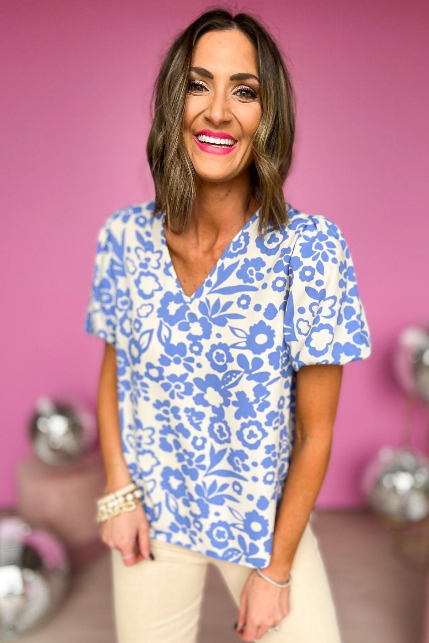 Blue Floral Print Puff Sleeve V Neck Top, spring top, spring fashion, floral print, v neck, msut have, shop style your senses by mallory fitzsimmons