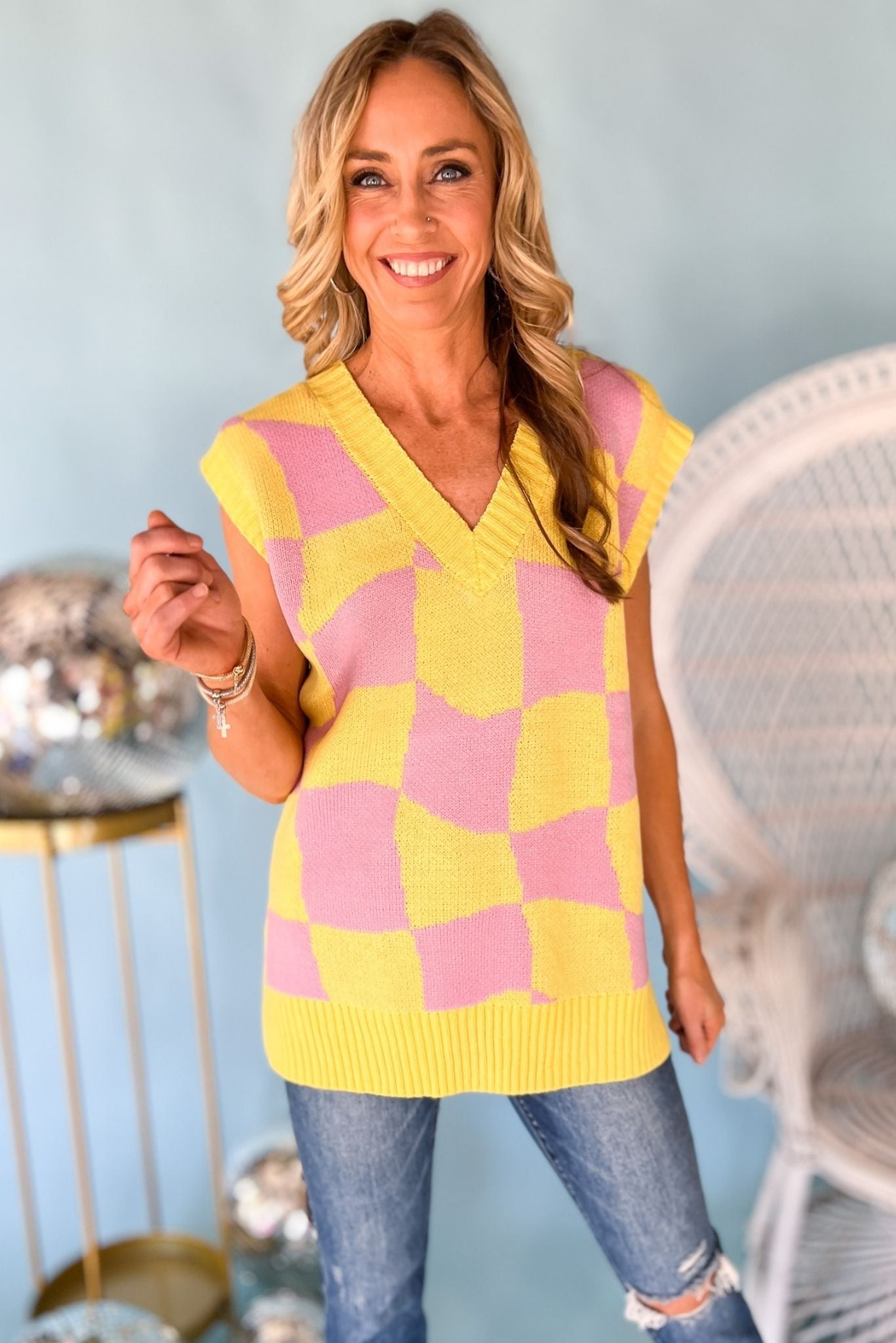 Pink Yellow Checkered V Neck Side Slit Sweater Vest *FINAL SALE*