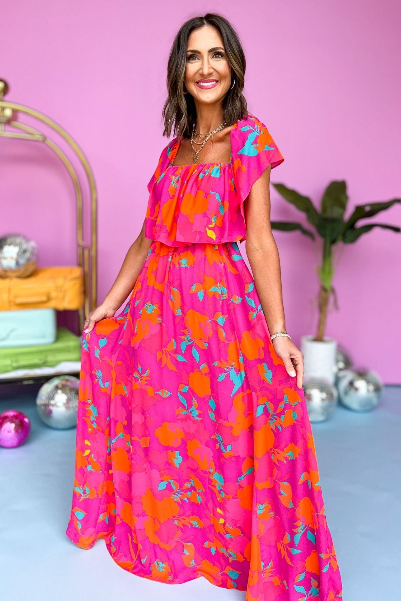 Fuchsia Floral Printed Off The Shoulder Ruffled Maxi Dress, sweetheart neckline, tie waist detail, bubble sleeve, spring fashion, must have, shop style your senses by mallory fitzsimmons