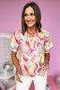 Karlie Pink Abstract Swirl Printed Poplin Tie Neck Top