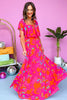 Fuchsia Floral Printed Off The Shoulder Ruffled Maxi Dress, sweetheart neckline, tie waist detail, bubble sleeve, spring fashion, must have, shop style your senses by mallory fitzsimmons