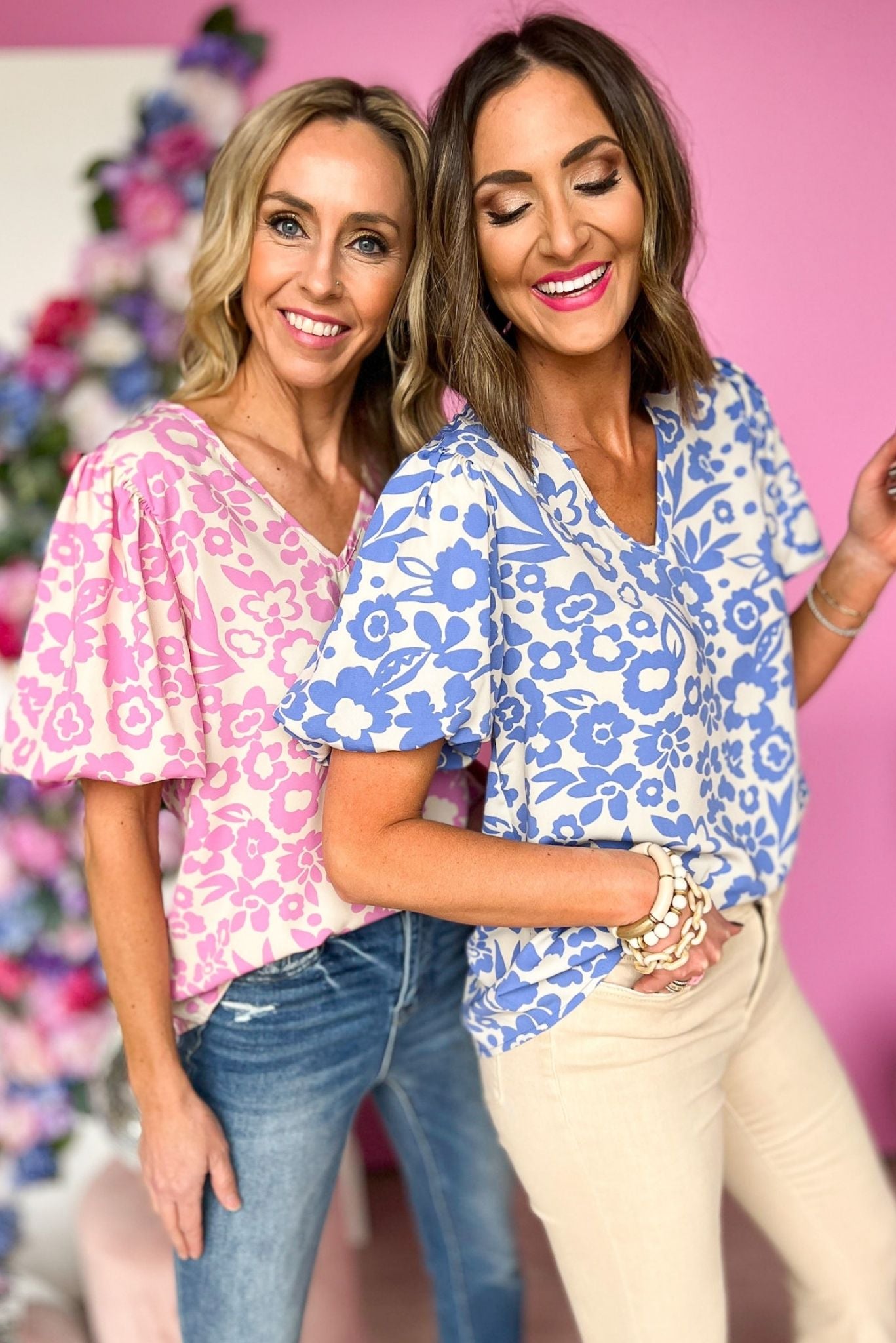 Blue Floral Print Puff Sleeve V Neck Top, spring top, spring fashion, floral print, v neck, msut have, shop style your senses by mallory fitzsimmons