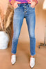 Medium Wash Mid Rise Exposed Button Straight Leg Stretch Ankle Length Jeans fall fashion, must have denim, staple piece, everyday wear, mom style, shop style your senses by mallory fitzsimmons