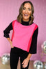 Hot Pink Black Colorblock Mock Neck Bell Sleeves Sweater, mock neck detail, fall must have, trendy, mom style, shop style your senses by mallory fitzsimmons
