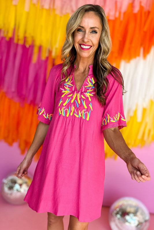 hot pink Colorful Confetti Embroidery V Neck Dress, embroidered, v neck, summer look, must have, mom style, shop style your senses by mallory fitzsimmons