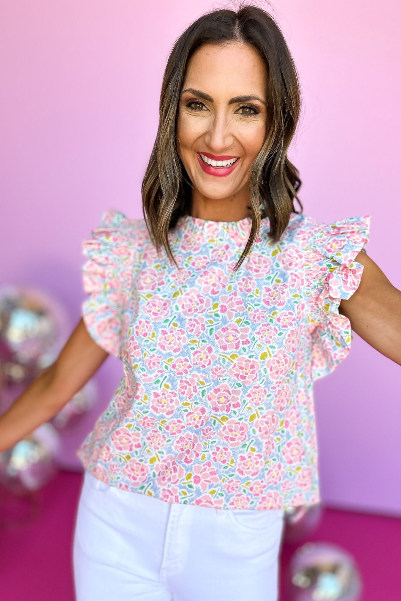 Pink Floral Print Frill Neck Ruffle Cap Sleeve Top