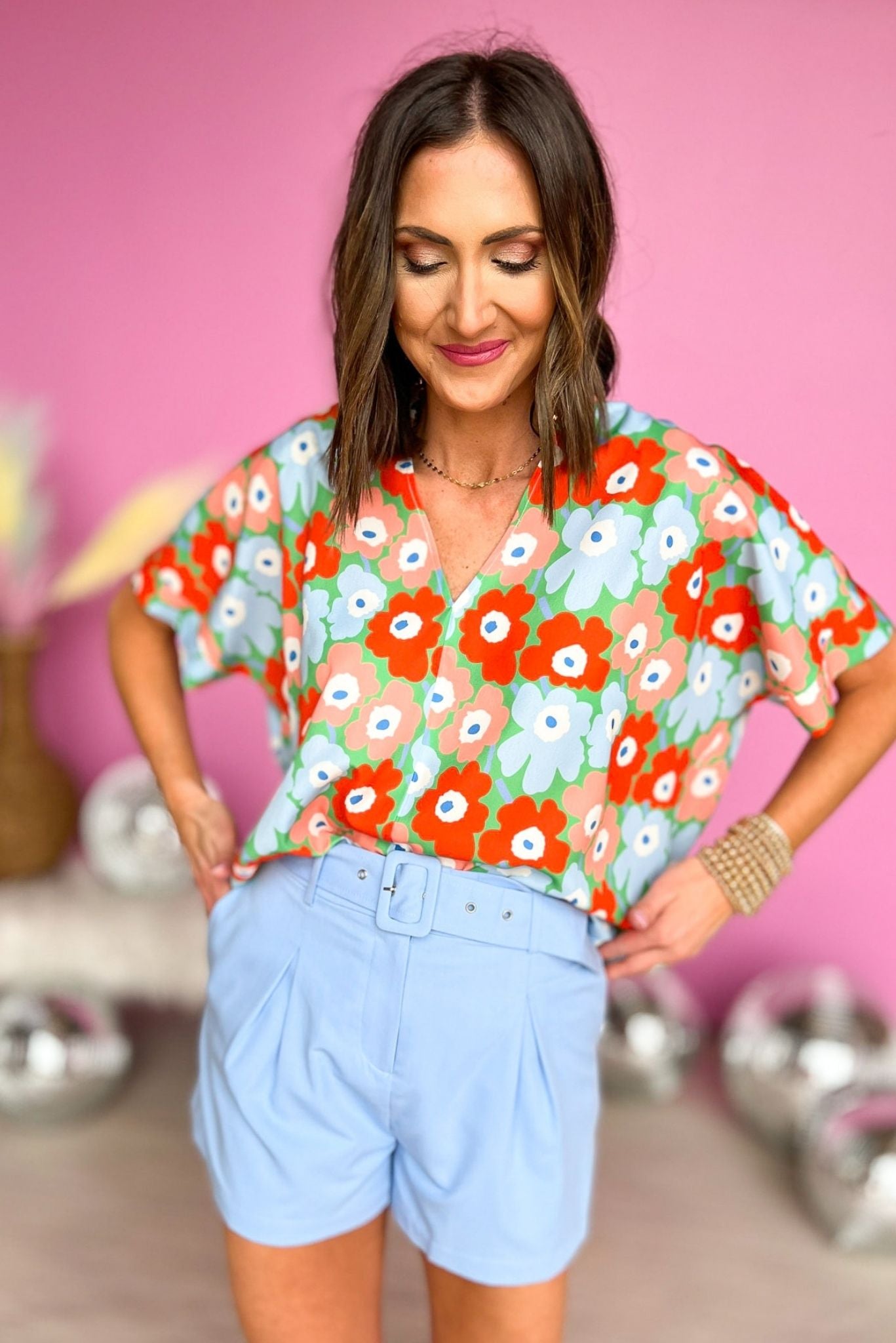Mint Coral Floral V Neck Short Sleeve Boxy Top, v neck, floral print, bright colors, boxy top, mom style, spring fashion, must have, shop style your senses by mallory fitzsimmons