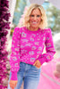 Fuchsia Printed Puff Sleeve Ribbed Hem Sweater