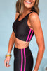 Black Sports Bra With Neon Pink Stripes, custom piece, atheisure, everyday wear, must have, mom style, shop style your senses by mallory fitzsimmons