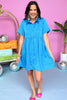 Turquoise Button Front Cuffed Short Sleeve Dress