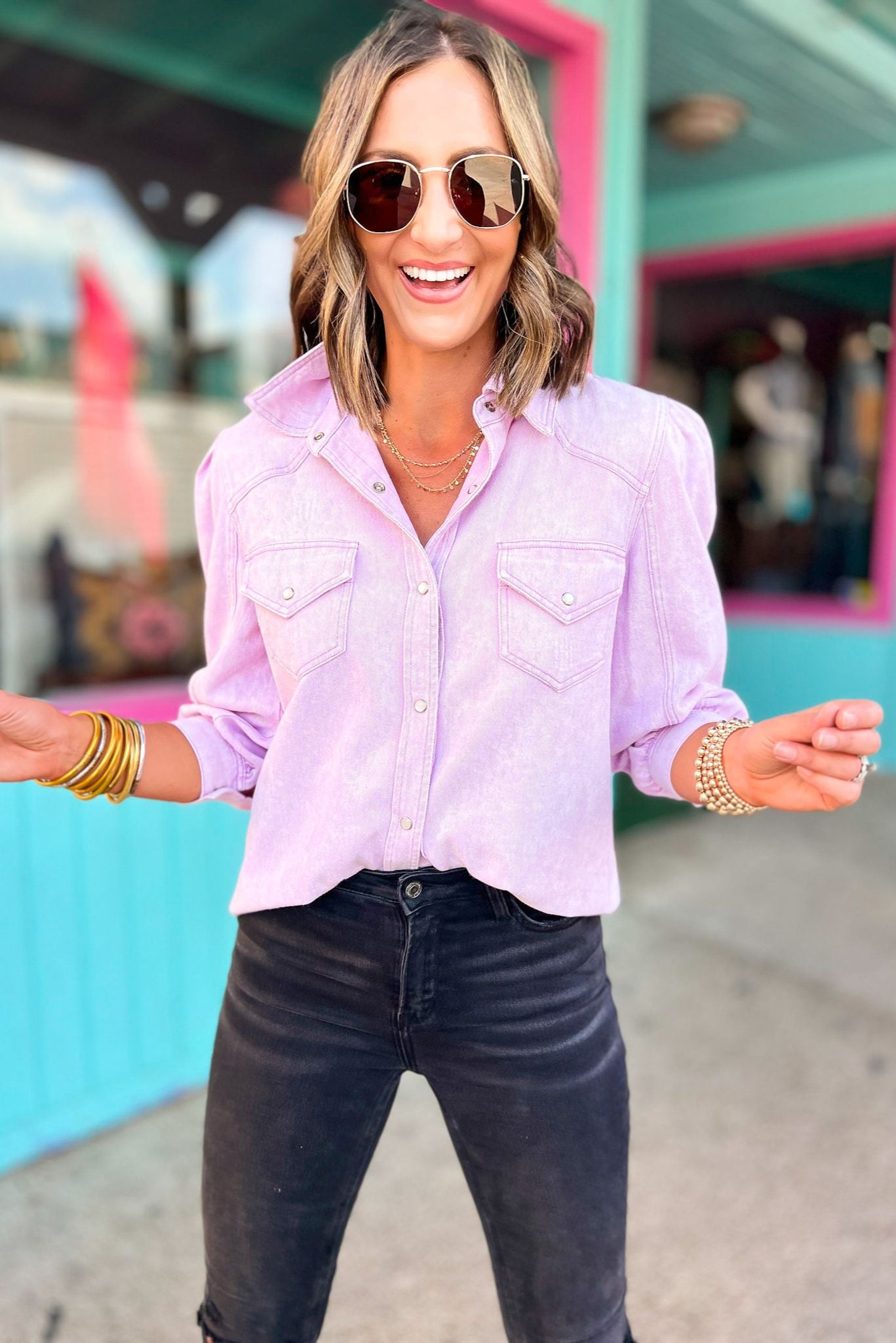 SSYS Exclusive Lavender Denim Pearl Snap Long Sleeve Top, denim long sleeve top, lavender, pearl snap detail, transition piece, must have, fort worth fall, shop style your senses by mallory fitzsimmons