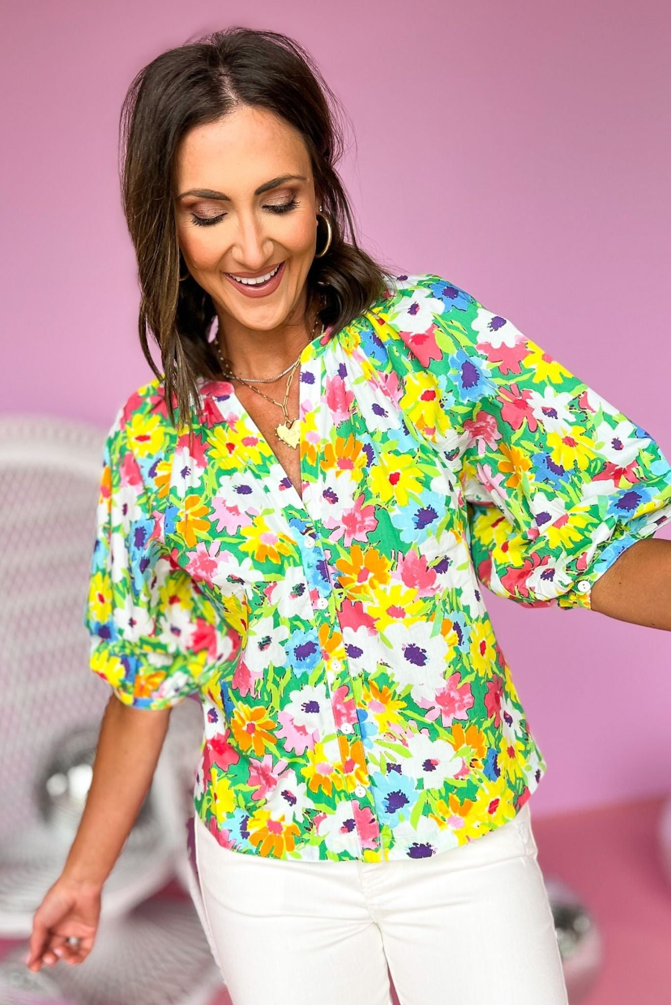 Karlie Green Floral Printed V Neck Button Down Poplin Top