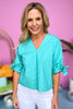 aqua V Neck Tie Detail Puff Short Sleeve Top, bubble sleeve, frill neck, spring color, spring look, must have, mom style, shop style your senses by mallory fitzsimmons
