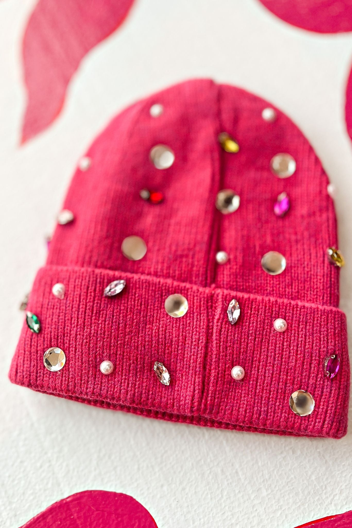 Fuchsia Pearl Rhinestone Ribbed Beanie