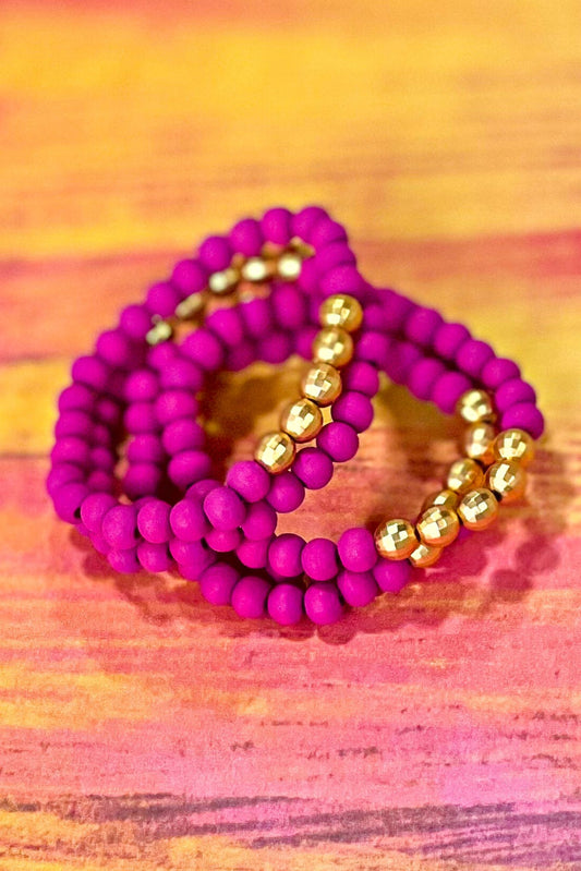 Fuchsia Wooden Beaded Gold Accent Bracelet Stack, wooden beaded stack bracelets, gold and fuchsia, bright accessory, everyday wear, shop style your senses by mallory fitzsimmons