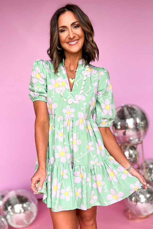 Karlie Green Daisy Printed Babydoll Scalloped Tiered Dress, scallop detail, spring dress, spring look, flirty floral, must have, collar detail, shop style your senses by mallory fitzsimmons