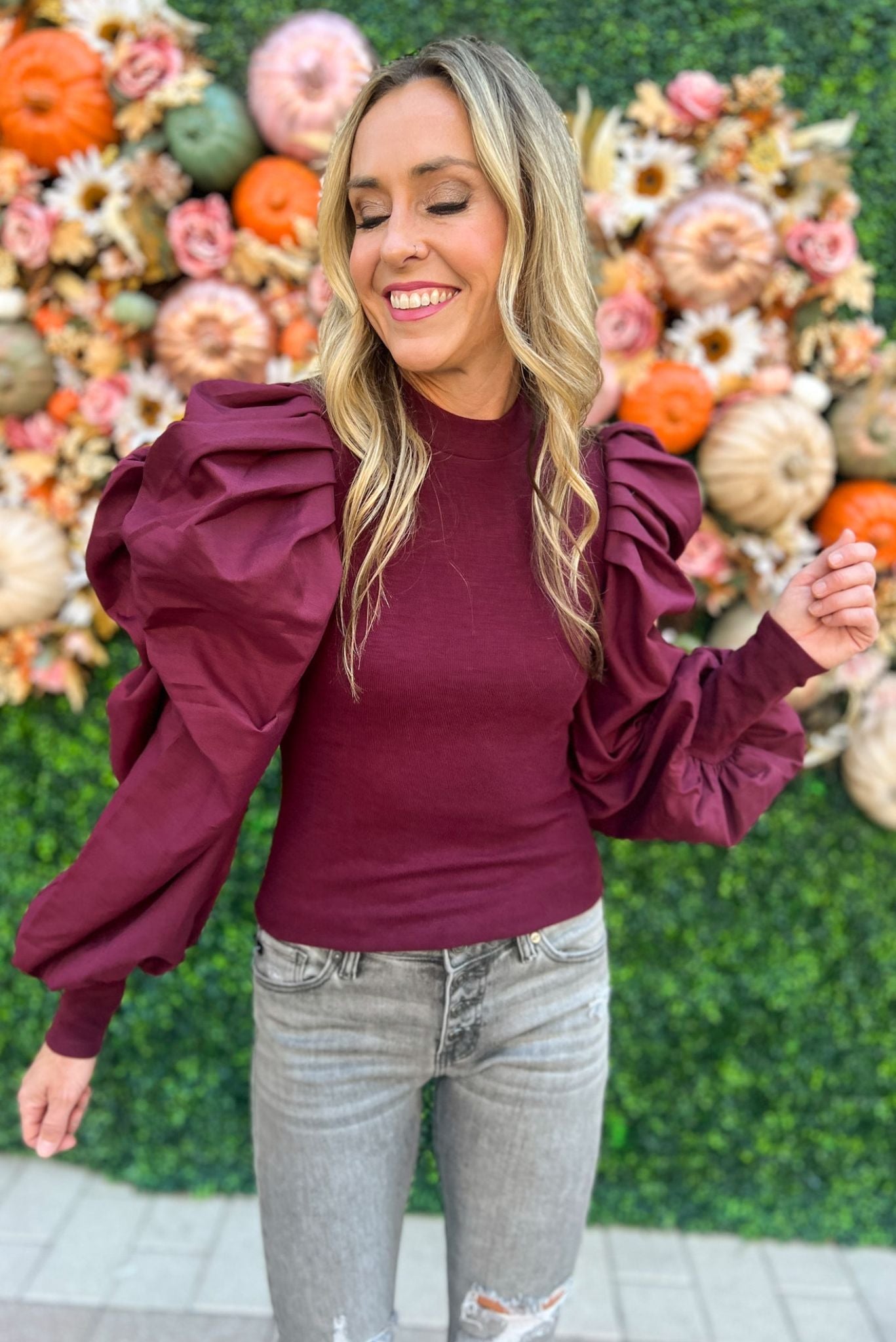 wine Poplin Puff Long Sleeve Knit Top, fall fashion, fall must have, elevated look, mom style, shop style your senses by mallory fitzsimmons