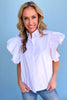White Ruffle Sleeve Button Down Poplin Blouse SSYS The Label, white blouse, poplin ruffle sleeves, button down top, ssys the label, collared top, Shop Style Your Senses By Mallory Fitzsimmons
