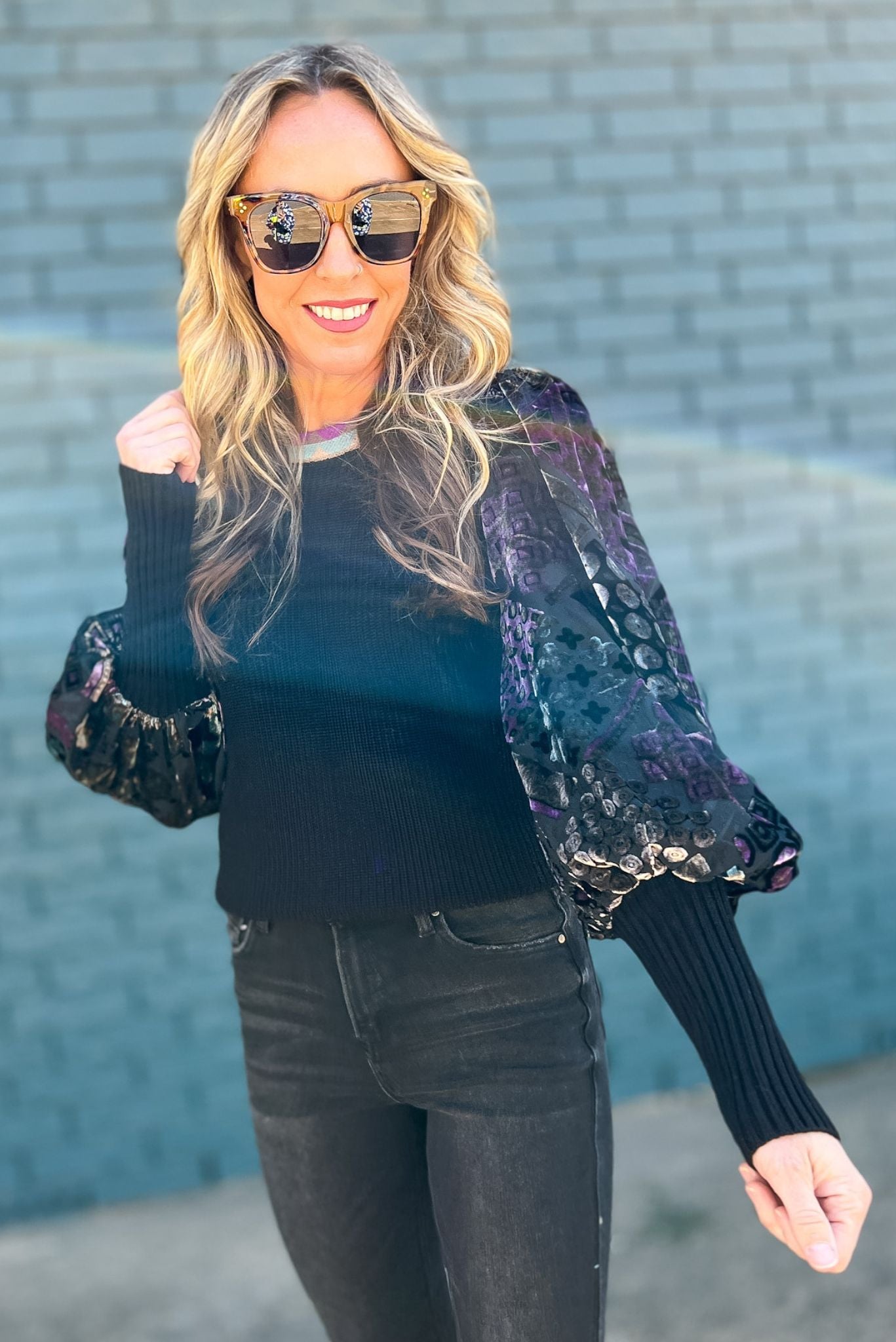 Black Burn out Velvet Contrast Puff sleeve Sweater new arrivals fall tops winter outfits shop style your senses by mallory fitzsimmons