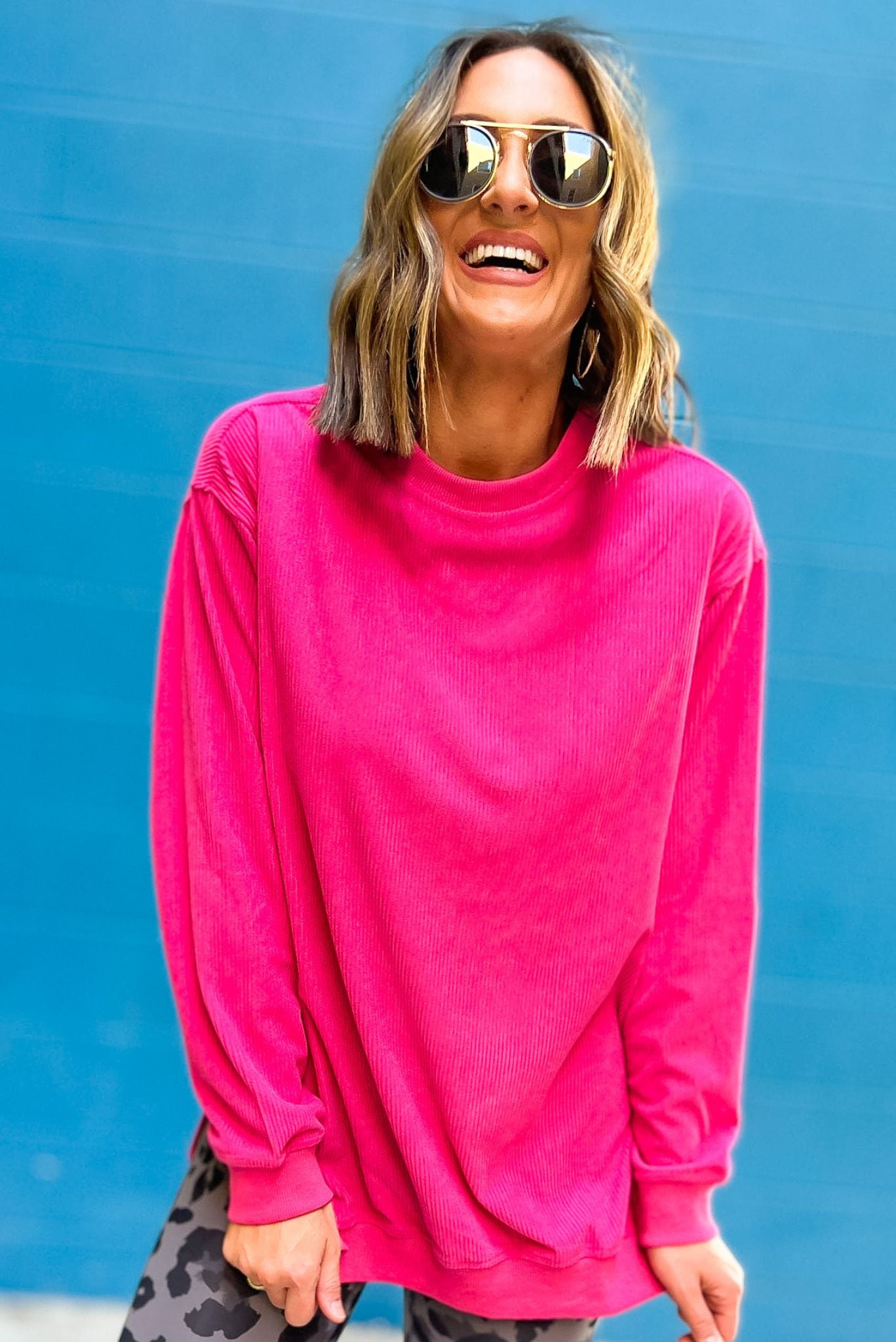 Hot Pink Corded Sweatshirt With Side Slit SSYS The Label