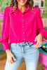 Fuchsia Pearl Rhinestone Embellished Button Down Top, must have, pearl rhinestone detail, mom style, holiday look, glam, chic, shop style your senses by mallory fitzsimmons
