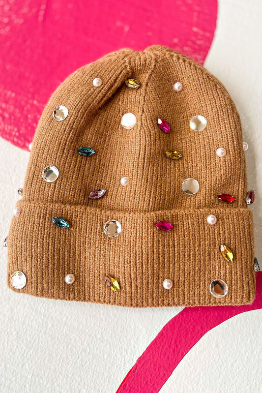 Brown Pearl Rhinestone Ribbed Beanie