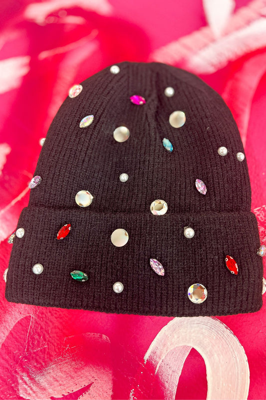 Black Pearl Rhinestone Ribbed Beanie