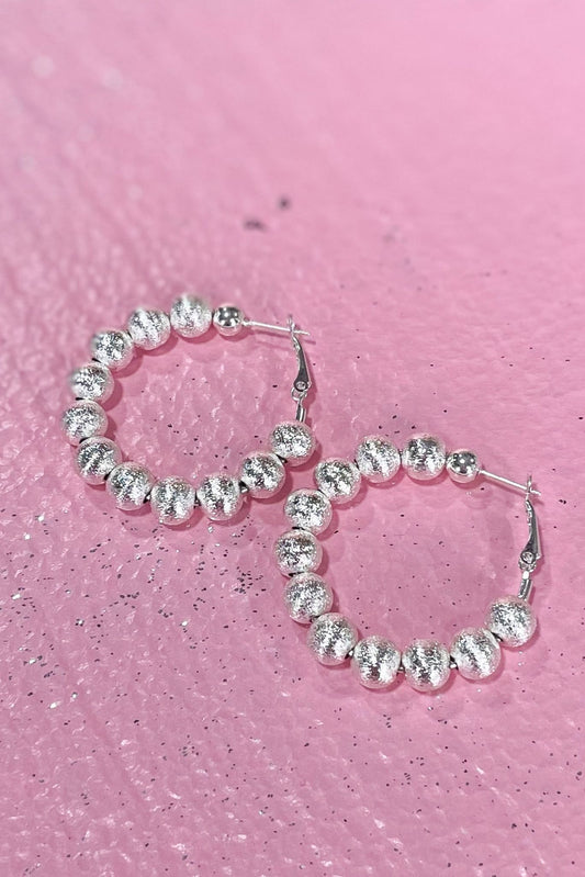 Silver Shiny Textured Large Ball Hoop Earrings