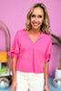 Hot Pink V Neck Tie Detail Puff Short Sleeve Top, bubble sleeve, frill neck, spring color, spring look, must have, mom style, shop style your senses by mallory fitzsimmons