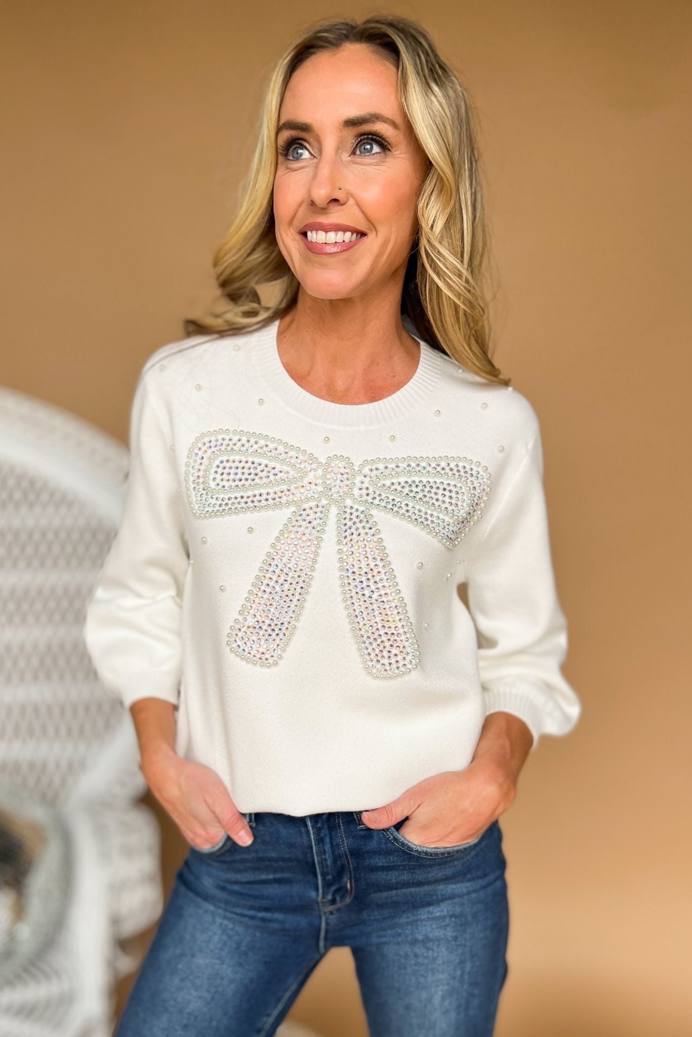 Cream Rhinestone Bow Bubble Sleeve Sweater, fall fashion, layered look, must have, mom style, elevated look, shop style your senses by mallory fitzsimmons