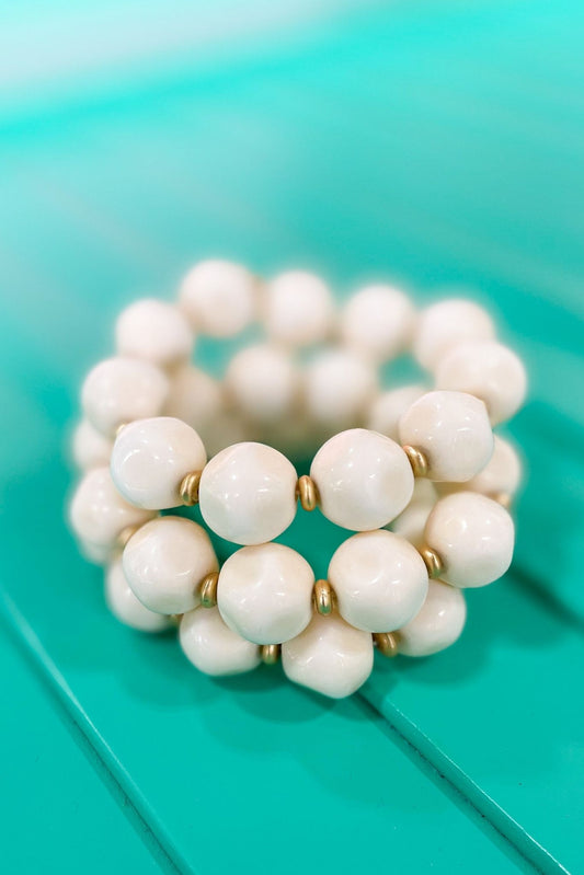 White Chunky Beaded Gold Accent Bracelet Stack, spring accessory, must have, elevated look, mom style, chic, shop style your senses by mallory fitzsimmons