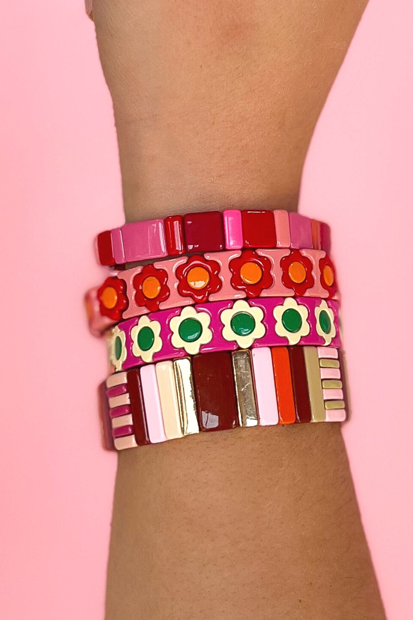 hot pink tan Flower Tile Bracelet, fall fashion, fall stack, must have, elevated look, elevated stack, mom style, shop style your senses by mallory fitzsimmons