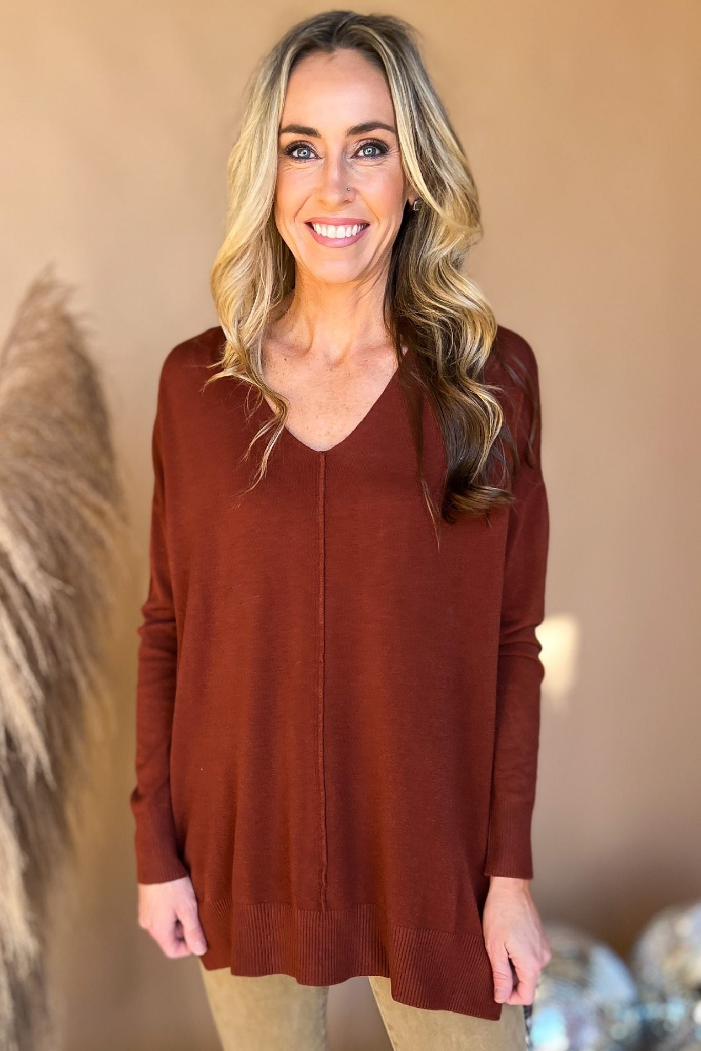 Dark Rust V Neck Front Seam Side Slit Sweater, everyday sweater, must have, front seam detail, mom style, elevated look, shop style your senses by mallory fitzsimmons