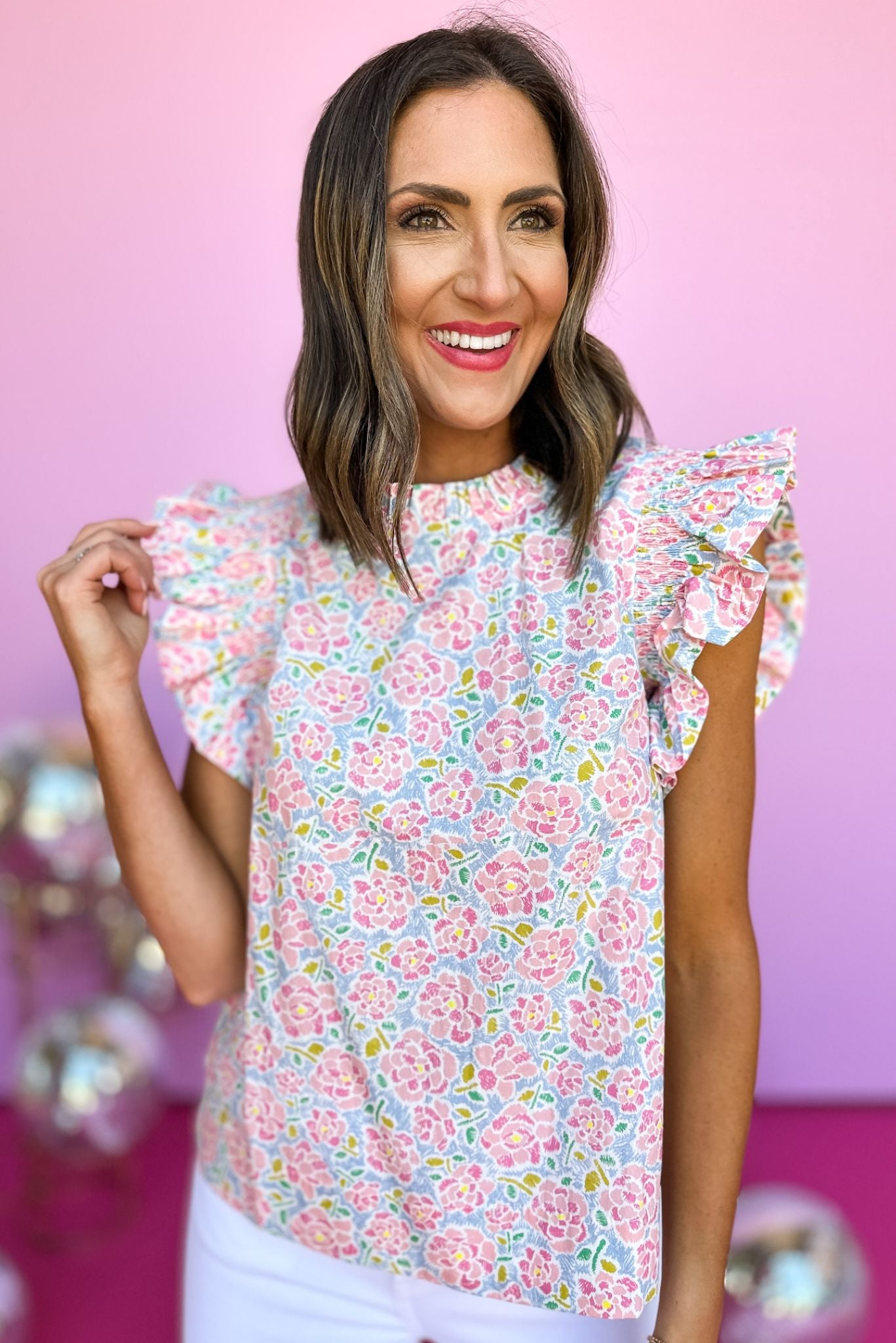 Pink Floral Print Frill Neck Ruffle Cap Sleeve Top