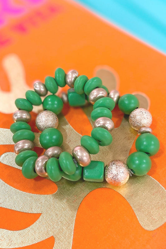 Green Gold Cube Bead Bracelet Stack