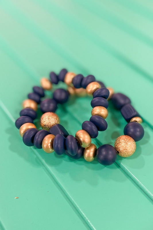 Navy Gold Cube Bead Bracelet Stack