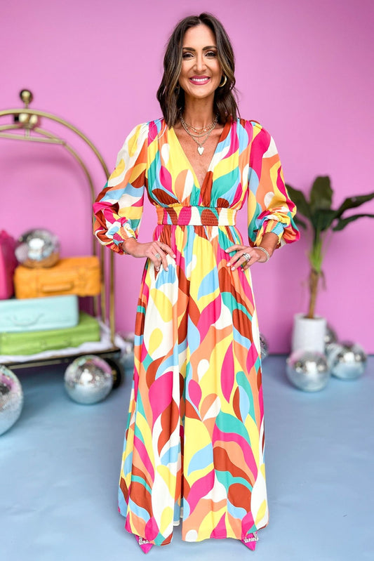  Fuchsia Abstract Printed Smocked Long Sleeve Maxi Dress, v neck, smocked waist, spring look, spring wedding, must have, shop style your senses by mallory fitzsimmons