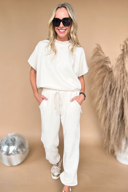 Cream Textured Drop Shoulder Joggers Pants Set, lounge set, everyday wear, mom style, chic, trendy set, shop style your senses by mallory ftizsimmons