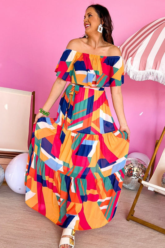 Orange Blue Off The Shoulder Waist Tie Maxi Dress, cap sleeve, ruffle detail, resort wear, spring break, mom style, shop style your senses by mallory fitzsimmons