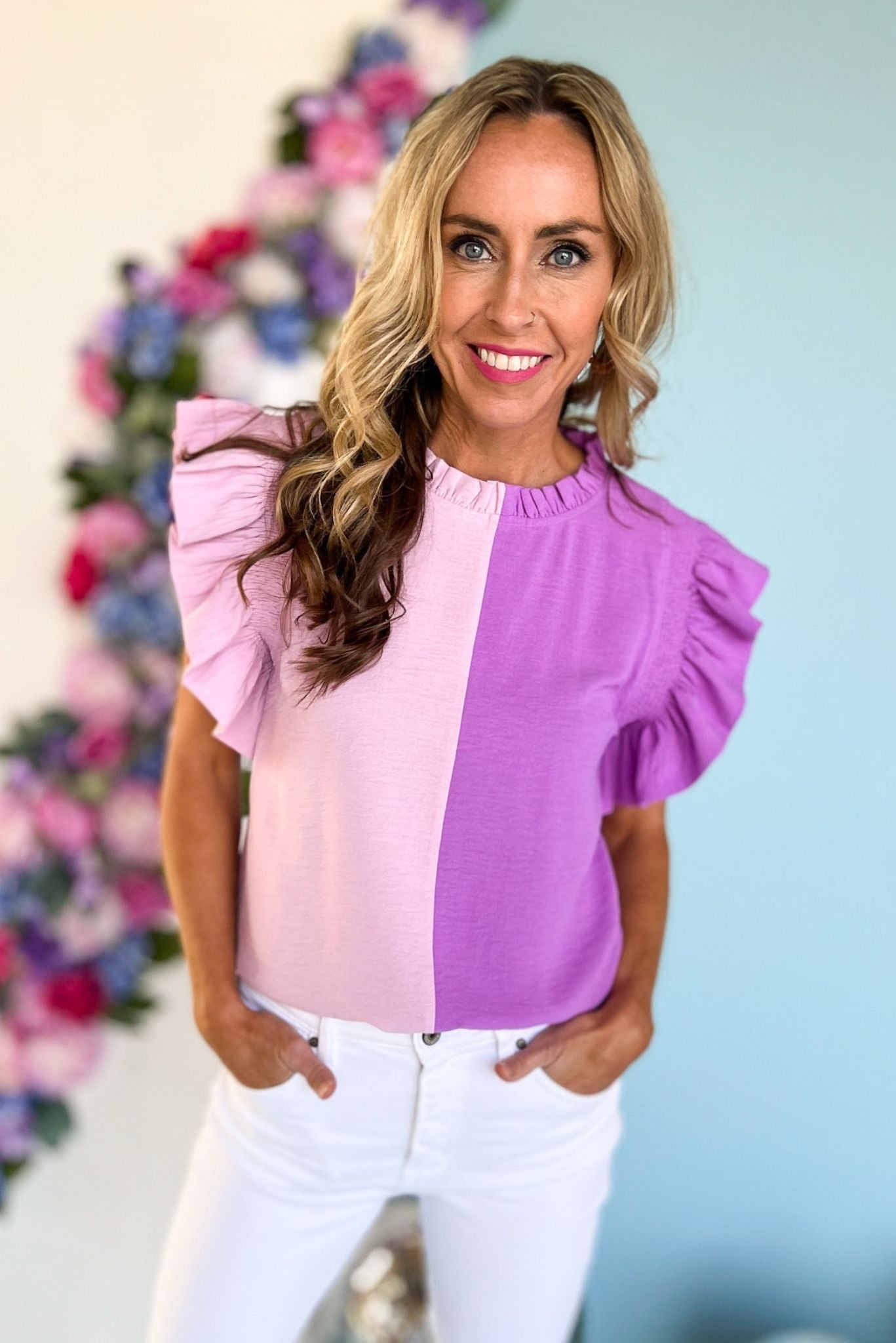 Light Pink Lavender Colorblock Frill Neck Ruffle Top, spring fashion, ruffle sleeve, frill neck, mom style, shop style your senses by mallory fitzismmons