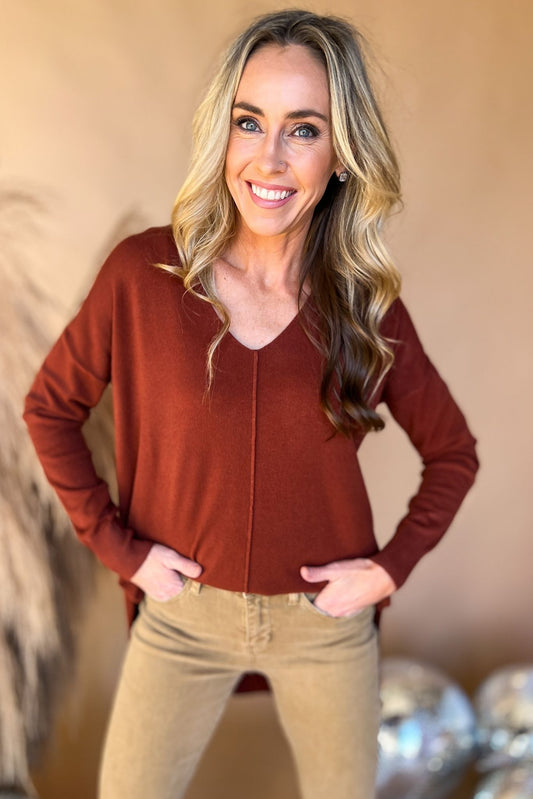 Dark Rust V Neck Front Seam Side Slit Sweater, everyday sweater, must have, front seam detail, mom style, elevated look, shop style your senses by mallory fitzsimmons